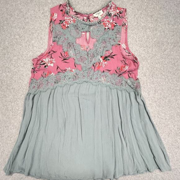 Umgee Sleeveless Dress Womens Large Pink Blue Floral Lace Keyhole Gauzy Flowy - Picture 5 of 12